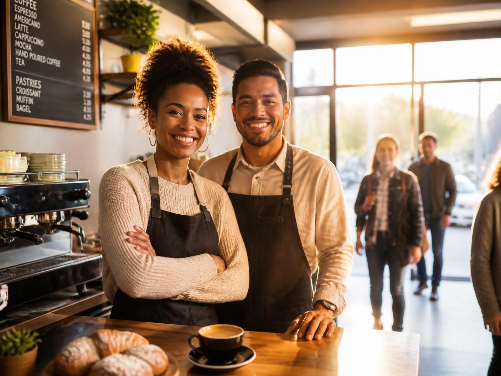 Two happy coffee shop owners, a Black woman and a Latin man, standing behind the counter of their new cafe with morning sunshine and customers arriving